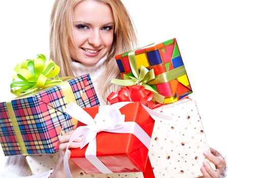 beautiful woman with holiday gift on a white background