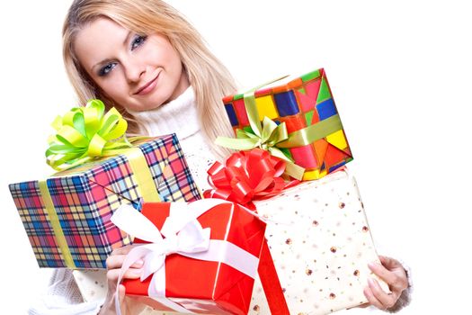 beautiful woman with holiday gift on a white background