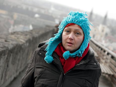 Woman in funny blue hat