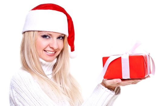 christmas woman with holiday gift on a white background