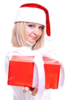 christmas woman with holiday gift on a white background