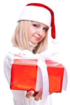 christmas woman with holiday gift on a white background