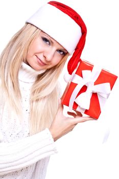 christmas woman with holiday gift on a white background