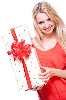 beautiful woman with holiday gift on a white background