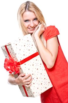 beautiful woman with holiday gift on a white background