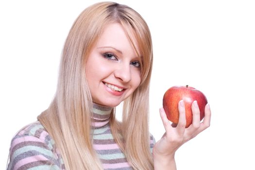 girl holding apple in his hands on a white background