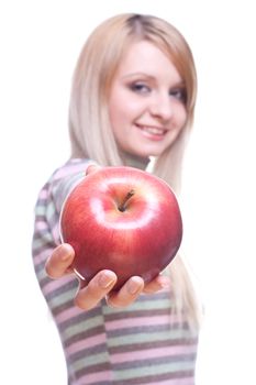 girl holding apple in his hands on a white background