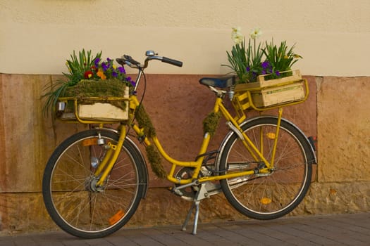 Flowers on a yellow bicycle on a house wall