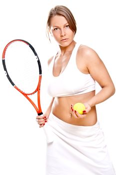 beautiful girl with tennis racket on a white background