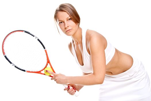 beautiful girl with tennis racket on a white background