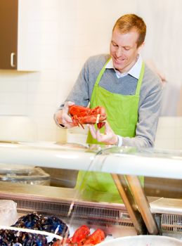 A fresh fish counter in a grocery store - clerk with a lobster