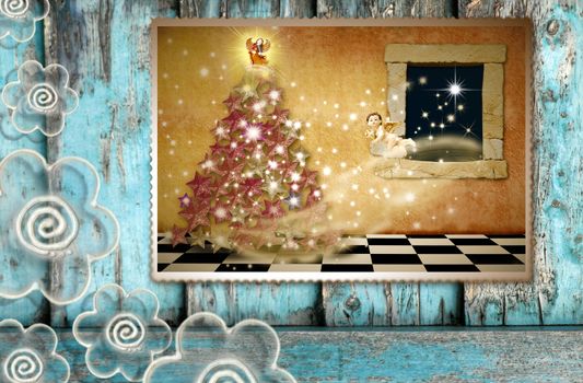 Christmas background picture of angels coming home on old wall