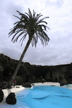 a couple walk hand in hand by the pool