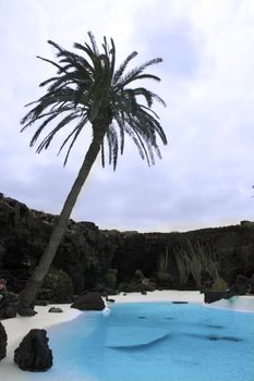 a couple walk hand in hand by the pool