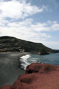 the coast line of a volcanic island