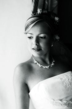 Portrait of the smiling beautiful bride. b/w+blue tone