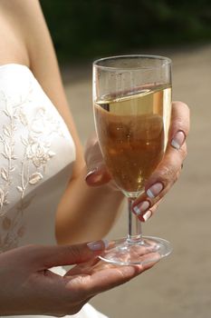 Glass with champagne in hands of the bride