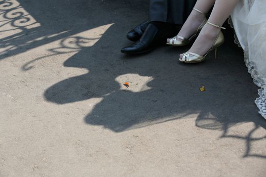 Shadow of the groom and the bride on asphalt