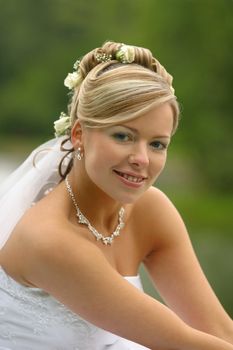 The beautiful bride on a green background