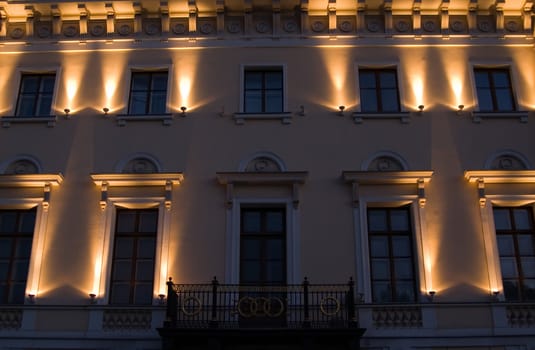 View on a wall of the house at night. St.Petersburg, Russia