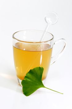 Fresh Ginkgo Biloba leaf with a glass of tea.