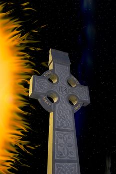 celtic cross against a starry flamed night