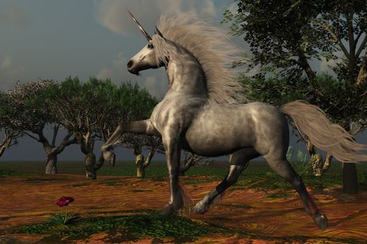 A beautiful male unicorn prances in a magical forest.