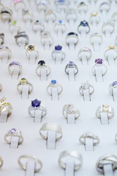 many jewellery rings in an outlet