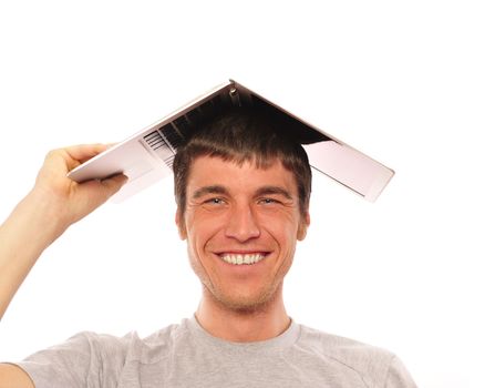 young man posing with laptop isolated on white