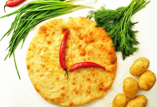  food composition made of flat cake, potato, cayenne, parsley and spring onion