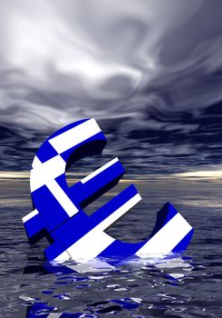 Ill euro symbol colored with greek flag drowning in the ocean by stormy weather