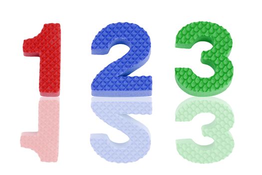 Educational toy: Fun colorful 1 2 3 arabic numbers in red, blue and green textured foam with reflections.