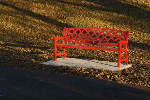Red city park bench surrounded by fallen leaves.