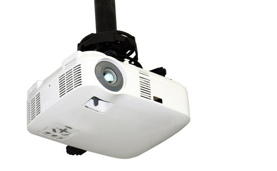 Close-up of a multi-media projector attached to the ceiling isolated on white background with copy space