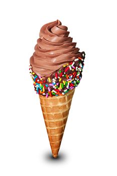 chocolate ice cream with sprinkles on wafer cone, isolated on white background.