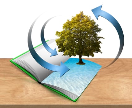 Illustration with open book on the table with trees and water