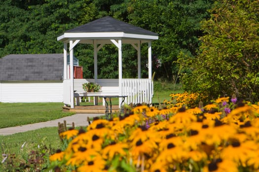 Scenic landscape of a gazebo commonly used for weddings.