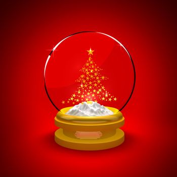 Snow Globe with Christmas tree on red background