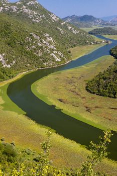 Montenegro, aerial view on river to Skadarsko lake. Summer day.