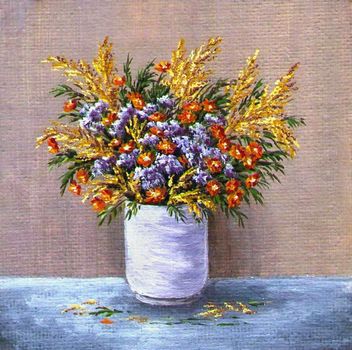 Picture oil paints on a canvas: a bunch of trollius in a white vase