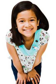 Innocent girl smiling and posing isolated over white