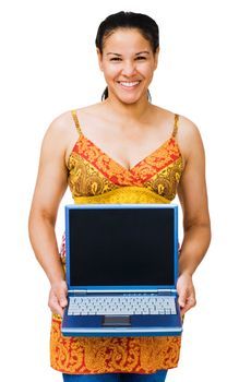 Portrait of a woman holding a laptop and smiling isolated over white