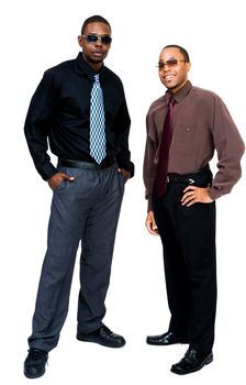 Smiling businessmen posing together isolated over white