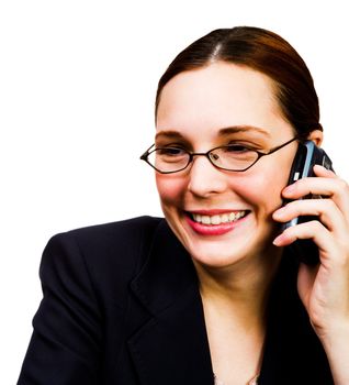 Happy businesswoman talking on a mobile phone isolated over white