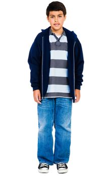 Portrait of a boy standing isolated over white