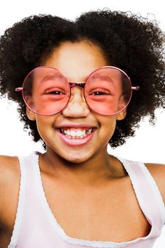 Portrait of a girl wearing sunglasses isolated over white