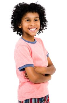 Happy boy standing with her arms crossed isolated over white