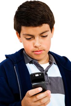 Boy text messaging isolated over white