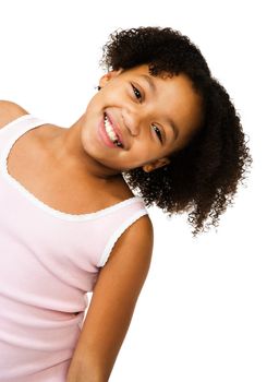 Girl stretching her neck and smiling isolated over white