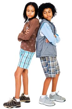 Brother and his sister standing and thinking isolated over white